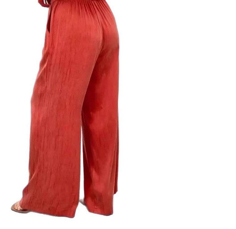 Round-Neck Patchwork Cardigan Top and Wide-Leg Pants Women's Casual Two-Piece Set