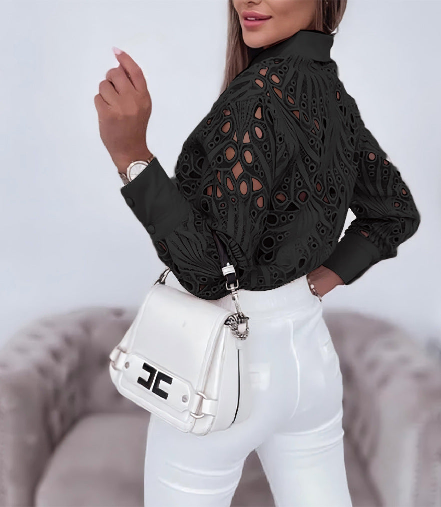 Women's Spring & Autumn Lace Hollow Long Sleeve Shirt - Elegant Commuter Style