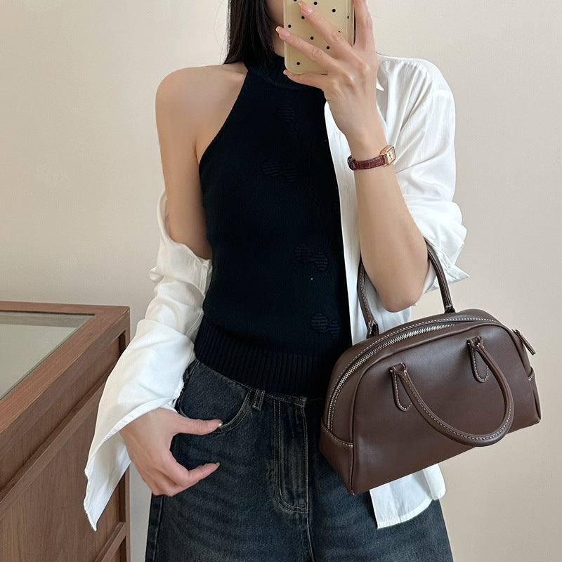 2025 Spring & Summer Women's Halter Neck Knit Vest - Slim Fit, Hot Girl Style, Simple Half High Neck Sleeveless Top