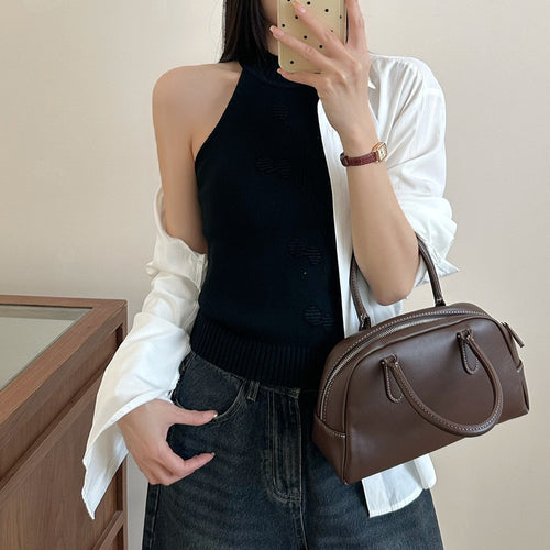 2025 Spring & Summer Women's Halter Neck Knit Vest - Slim Fit, Hot Girl Style, Simple Half High Neck Sleeveless Top