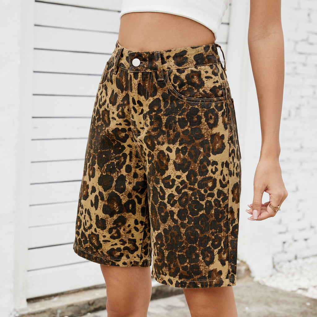 Summer New Washed Casual Retro Leopard Print Slim Denim Shorts for Women