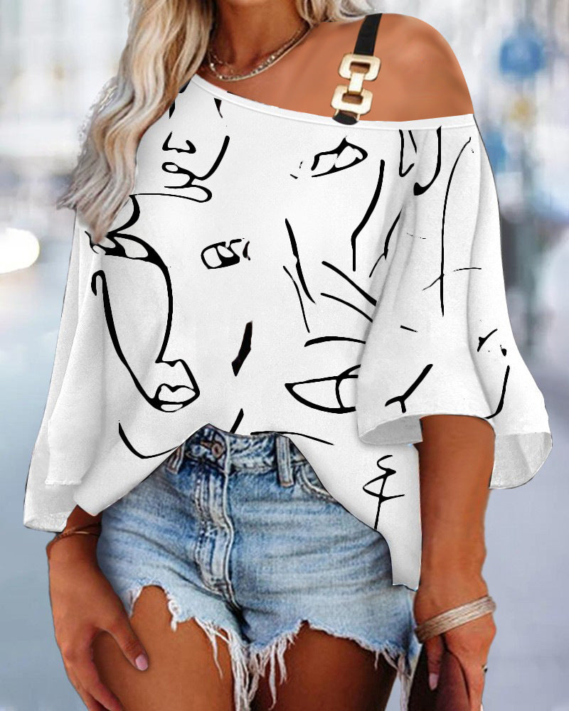Women's Fashion Splicing Loose Casual Top - Printed T-Shirt with Trendy Contrast Design