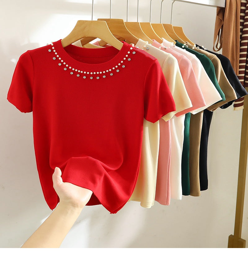 Women's Summer White Beaded Knit T-Shirt - Short Sleeve, Straight Shoulder, Short Top