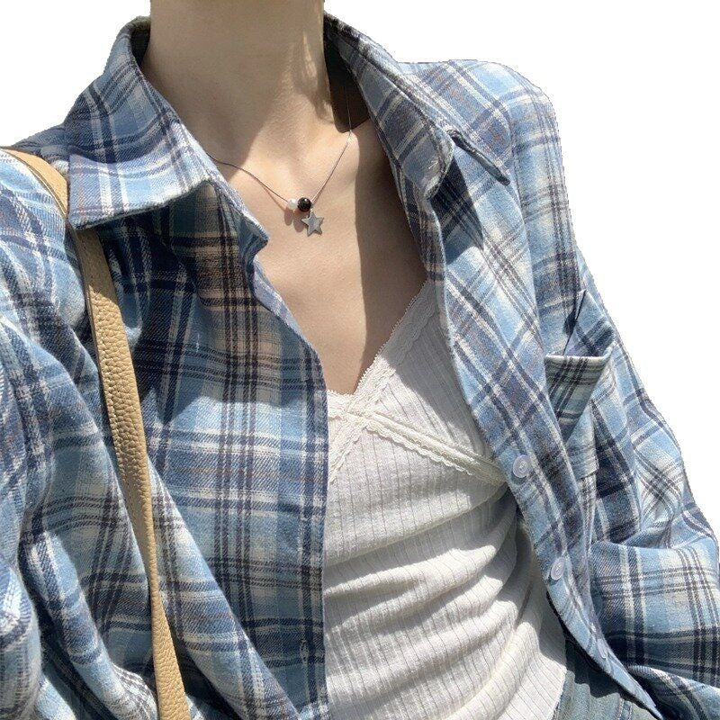 Women's Blue Thin Plaid Shirt - Spring Lazy Style Long Sleeve Top