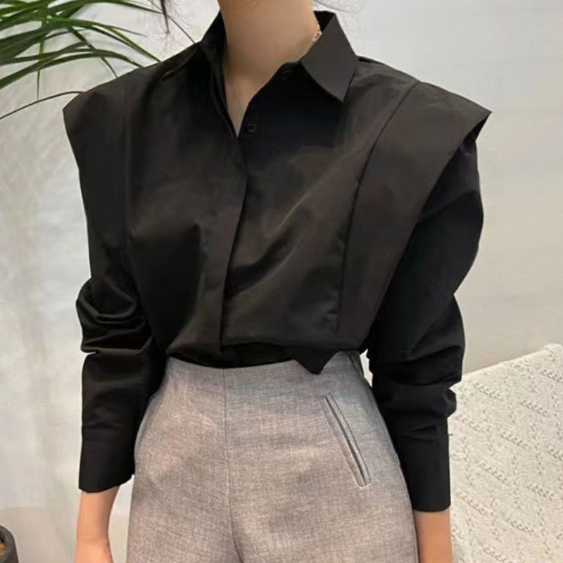 Women's Ruffle Spliced Loose Shirt - Simple Lapel with Concealed Button Design