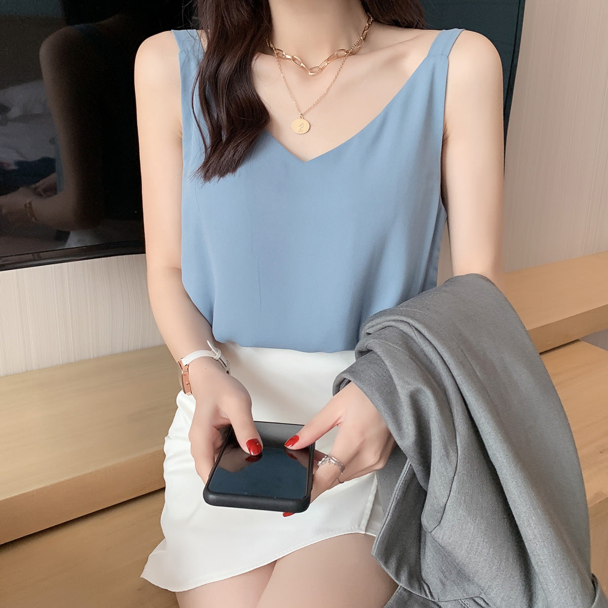 2025 Women's Chiffon V-Neck Double-Layer Camisole - White