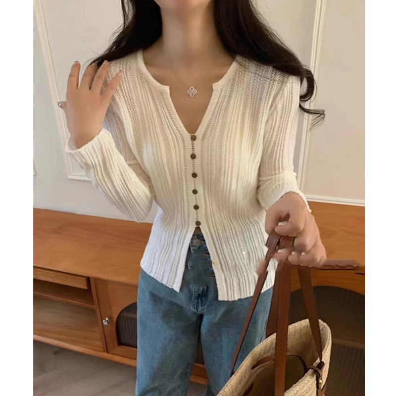 Lazy Style Simple And Versatile Long-Sleeved Knitted Sweater For Women Autumn Wear Temperament V-Neck Slim Fit Top