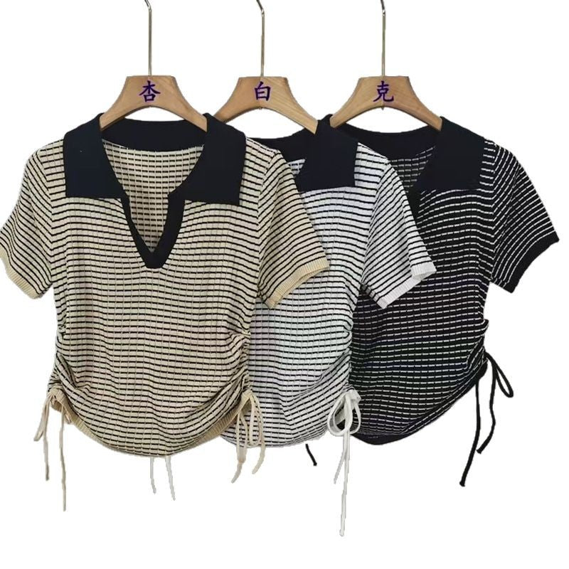 Women's Contrast Color Plaid Polo Collar Drawstring Slim Fit Short Sleeve Top