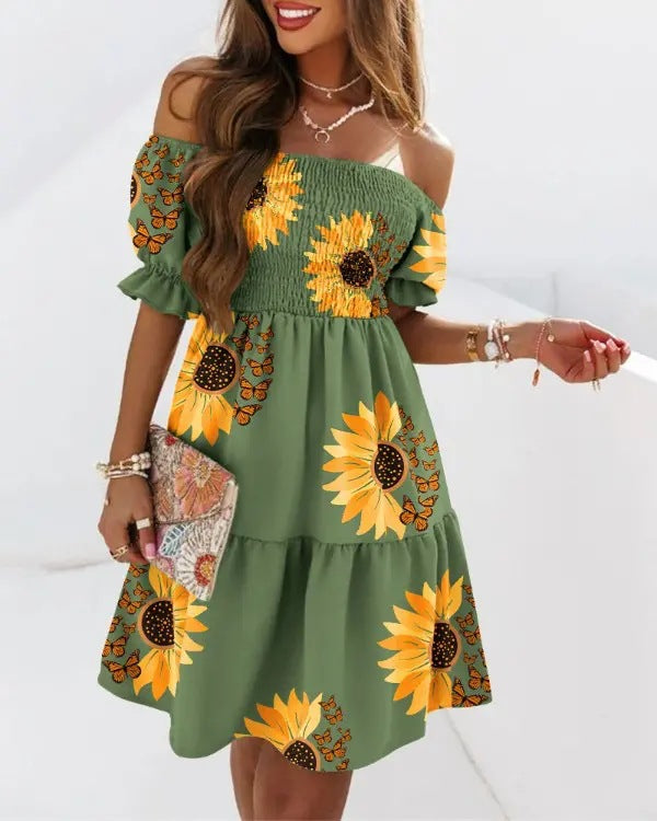 New Fashionable One-Shoulder Short-Sleeved Pleated Waist Print Dress – Fresh & Stylish