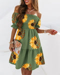 New Fashionable One-Shoulder Short-Sleeved Pleated Waist Print Dress – Fresh & Stylish