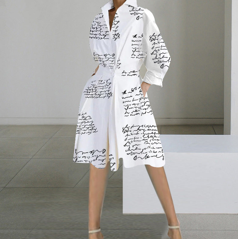 Autumn Elegance: Women's Long-Sleeved V-Neck Printed Mid-Length Dress