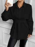 en's Autumn Lapel Tie Bow Waist Slim Fit Shirt