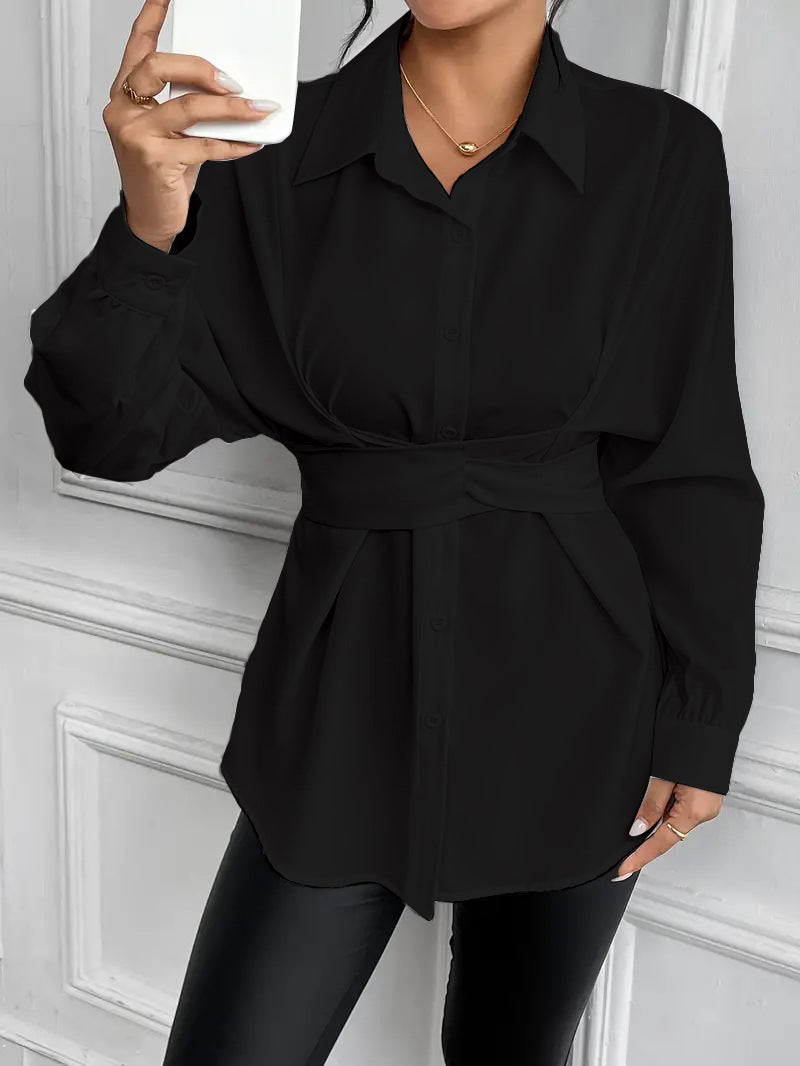 en's Autumn Lapel Tie Bow Waist Slim Fit Shirt