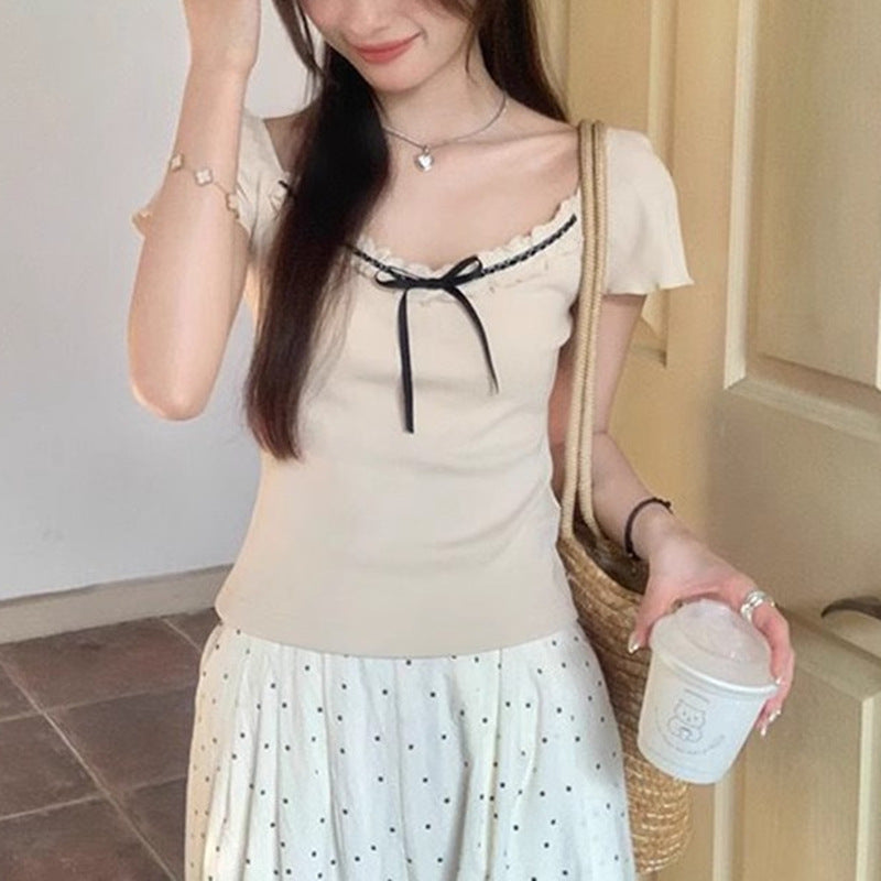 Women's Bowknot Lace V-Neck Slim Fit Knitted Short-Sleeved Sweater Top - Summer Chic