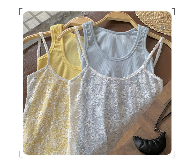Women's Thai Sweet & Spicy Seaside Style White Lace Suspender I-Shaped Vest Two-Piece Se
