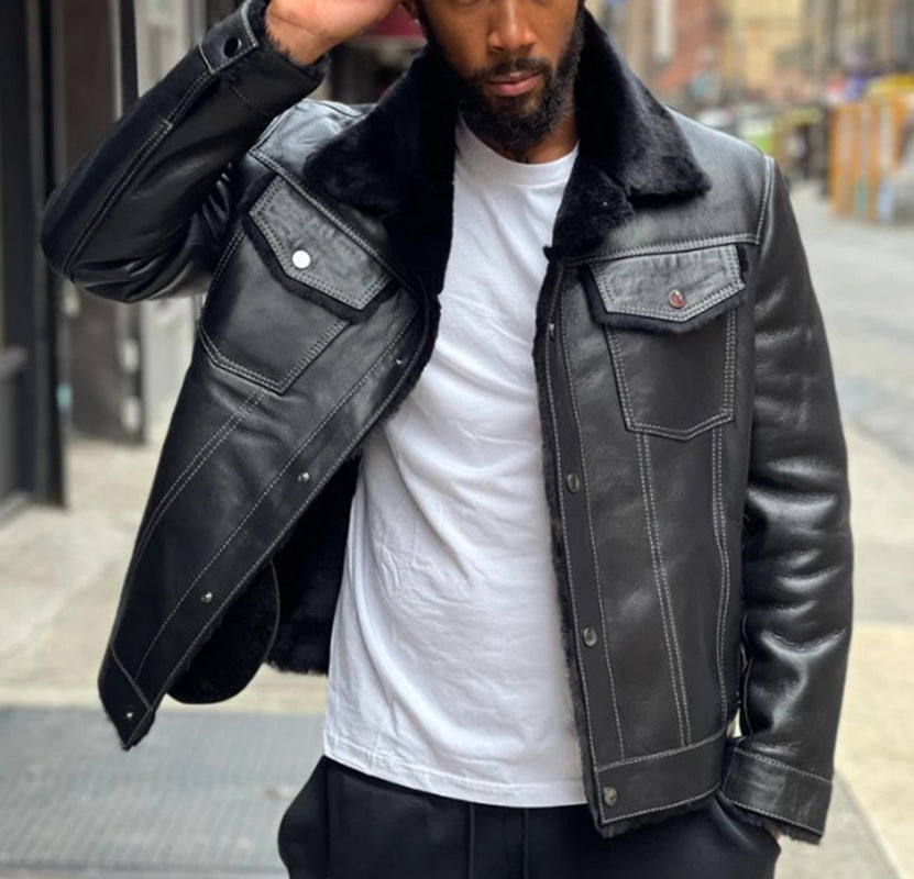 Men’s Black Fur Collar Thickened Leather Coat