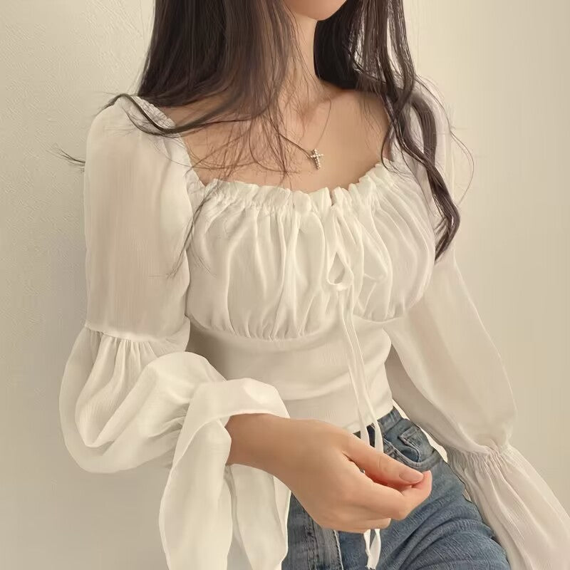 French-Style Ruffled Lace-Up Short Blouse - Square Neck & Trumpet Sleeve Spring Top for Women