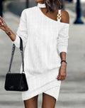 Elegant Long-Sleeved Chain Halter Neck Solid Button Dress – Autumn/Winter Women’s Fashion