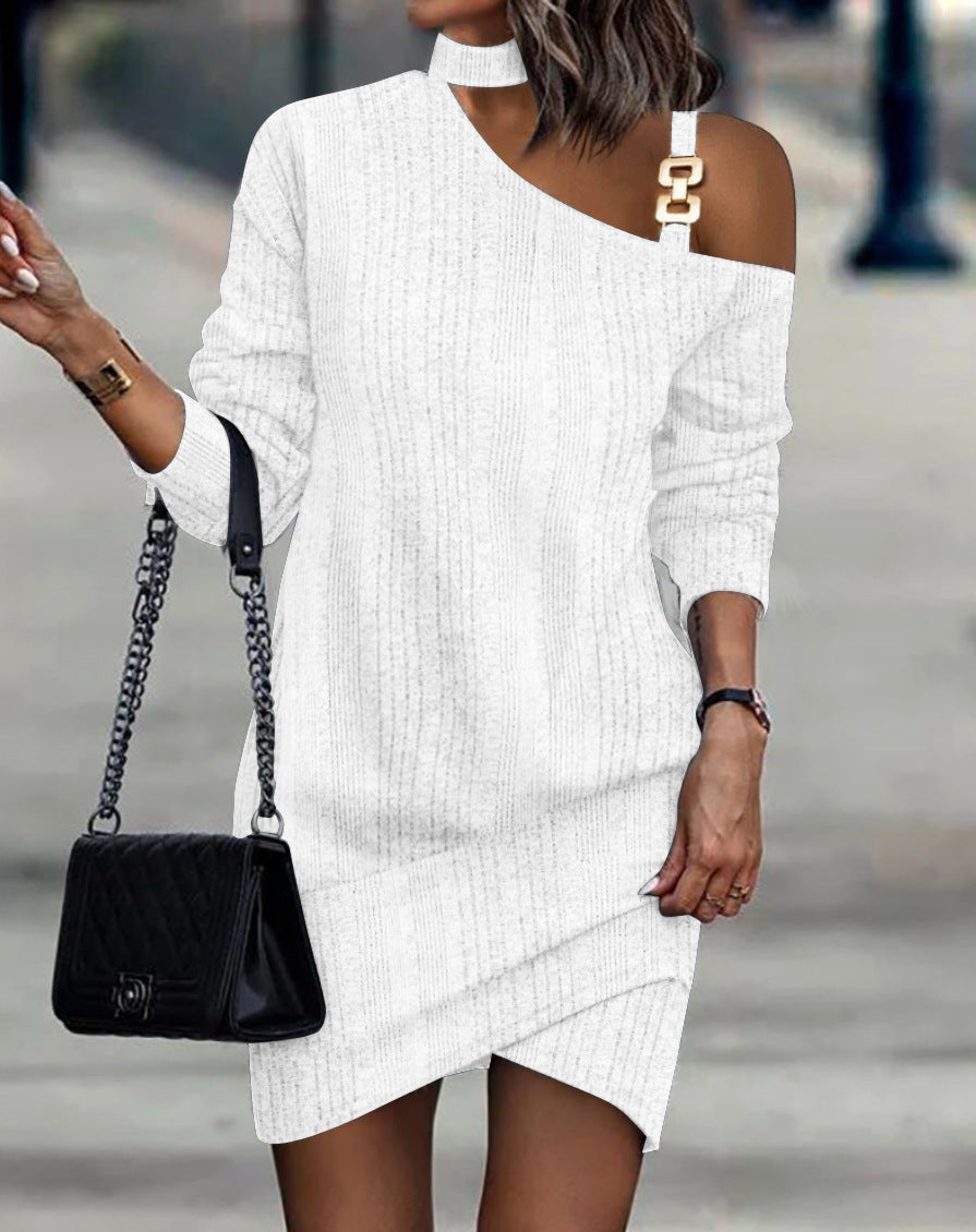 Elegant Long-Sleeved Chain Halter Neck Solid Button Dress – Autumn/Winter Women’s Fashion