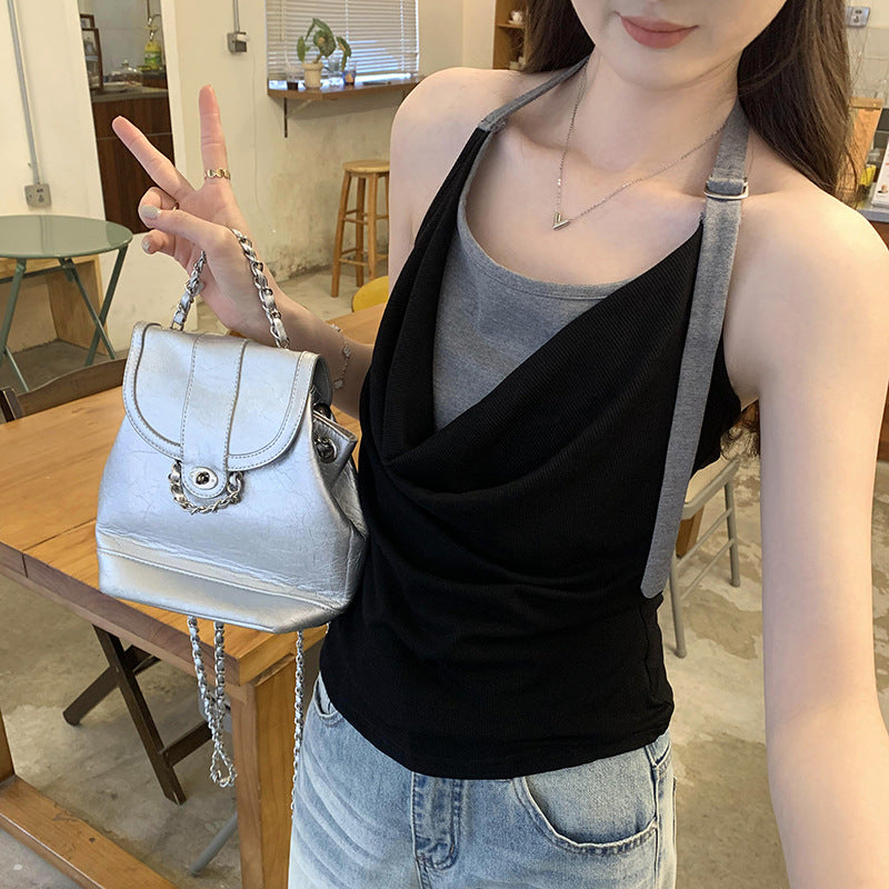 Women's Halter Neck Color Block Lace-Up Sleeveless Fake Two-Piece Vest Top