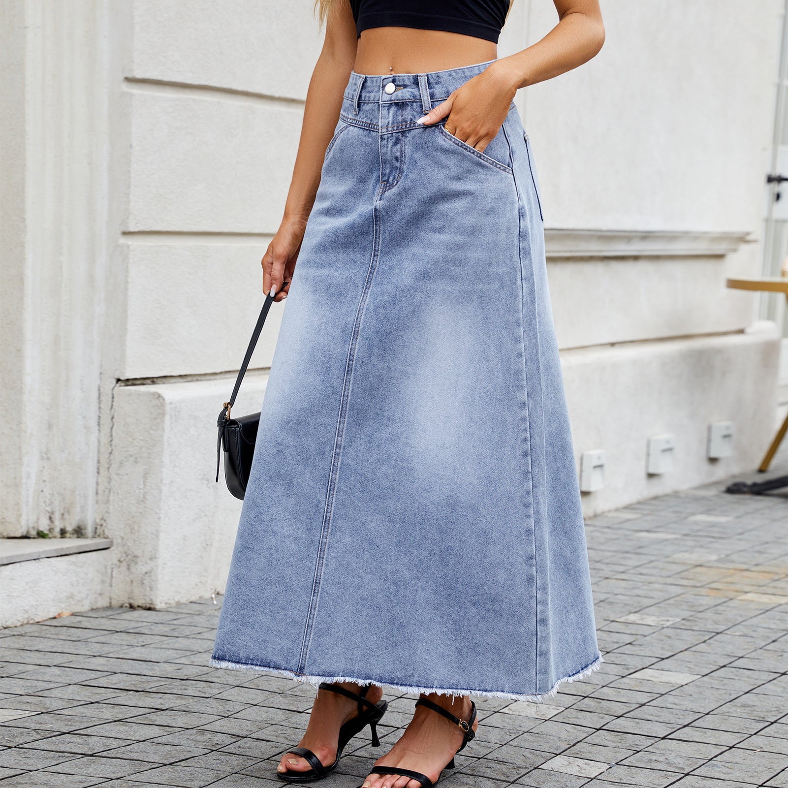 Women's Spring/Summer High Waist Denim Skirt - Fashion Loose Fit with Pockets, Half-Length Casual Style