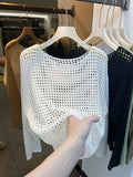 Women's Summer Long-Sleeve Hollow Knitted Mesh Shirt - Lightweight Sheer Sunscreen Blouse.