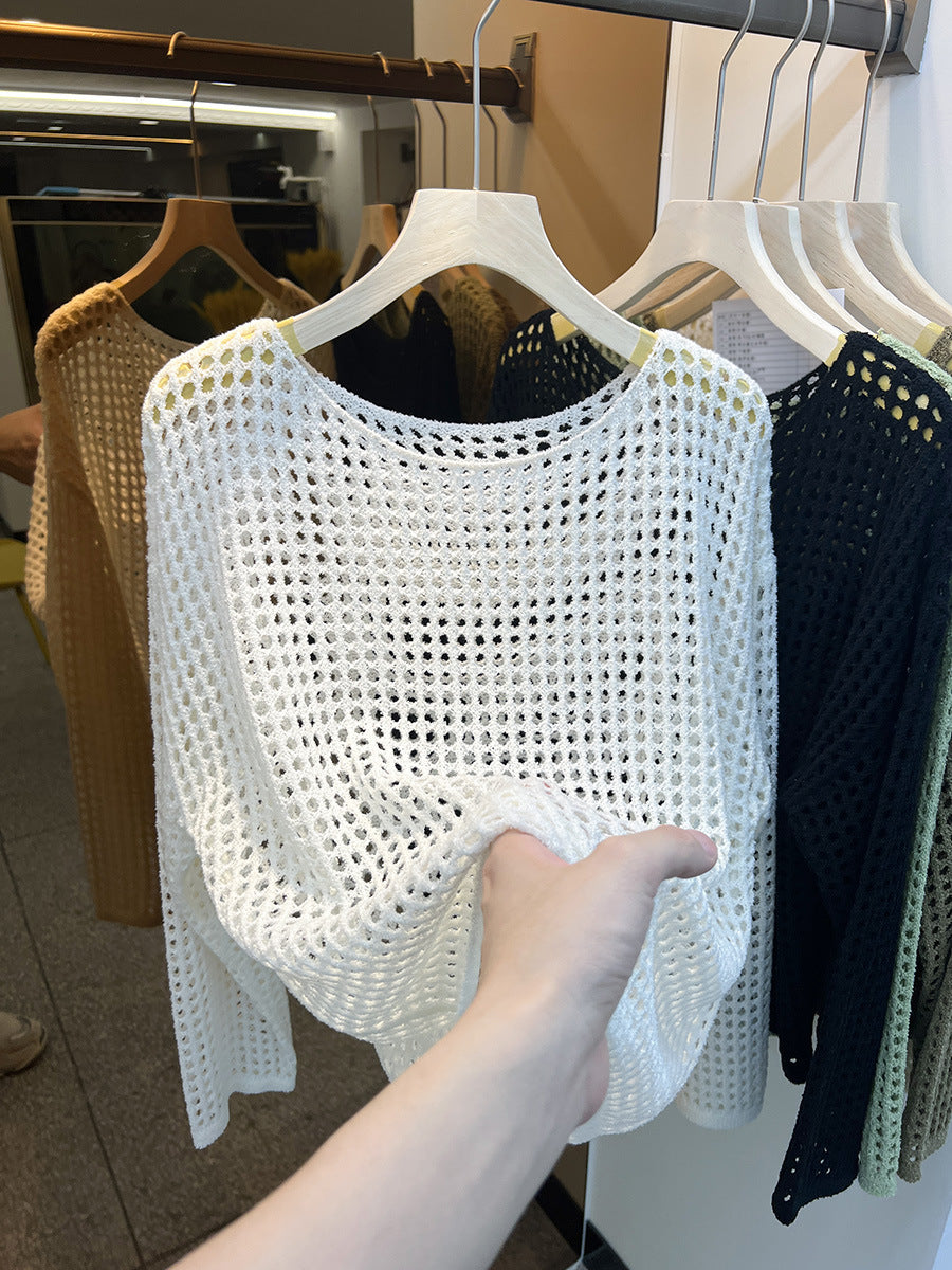 Women's Summer Long-Sleeve Hollow Knitted Mesh Shirt - Lightweight Sheer Sunscreen Blouse.