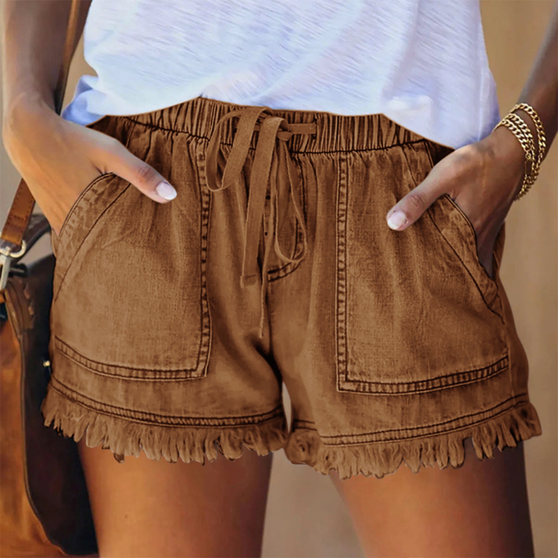 2025 Summer New Women's High Waist Slimming Denim Shorts - Casual Fit, Elastic Waist & Drawstring