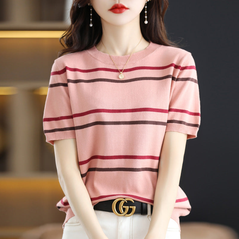 Striped Short-Sleeved Knitted T-Shirt for Women - Summer Color Block Round Neck Crop Top