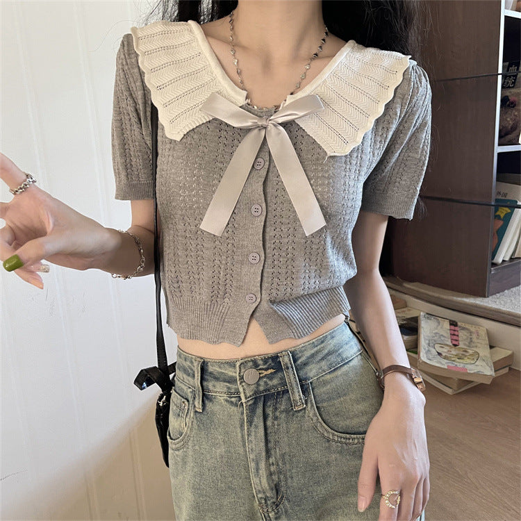 Bowknot Contrast Color Doll Collar Cardigan Sweater - Women's Summer Petite Stylish Short Top