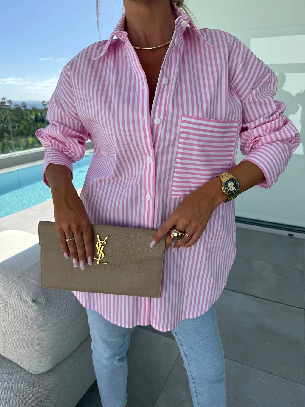 Women's Autumn Casual Stripe Print Button-Up Long Sleeve Shirt