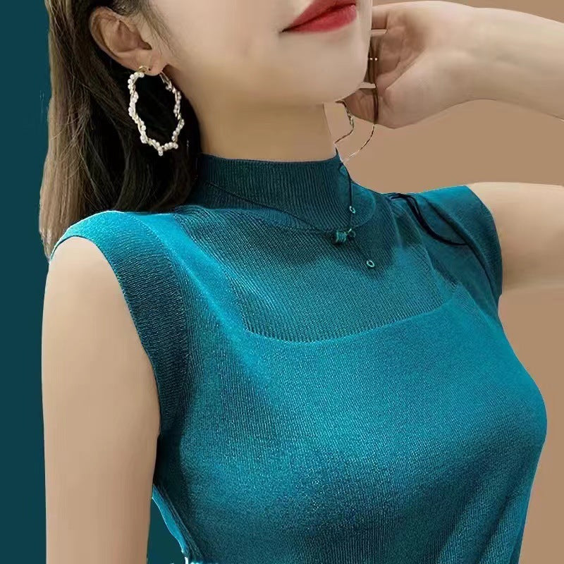 Summer Ice Silk Knit Camisole - Half-High Collar Sleeveless Top for Women