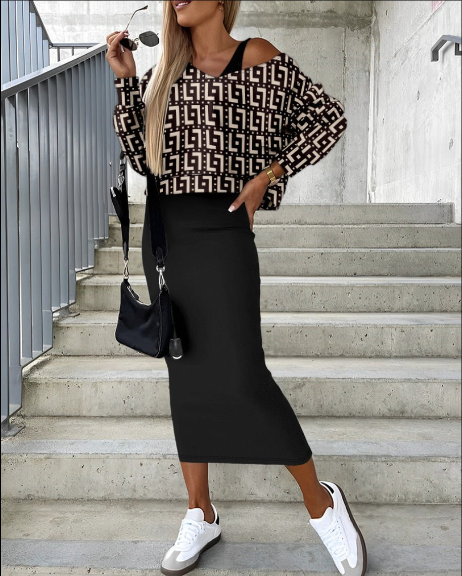 Autumn & Winter Bat Sleeve Sweater and Long Hip Suit Skirt Set – Chic Two-Piece Women's Outfit