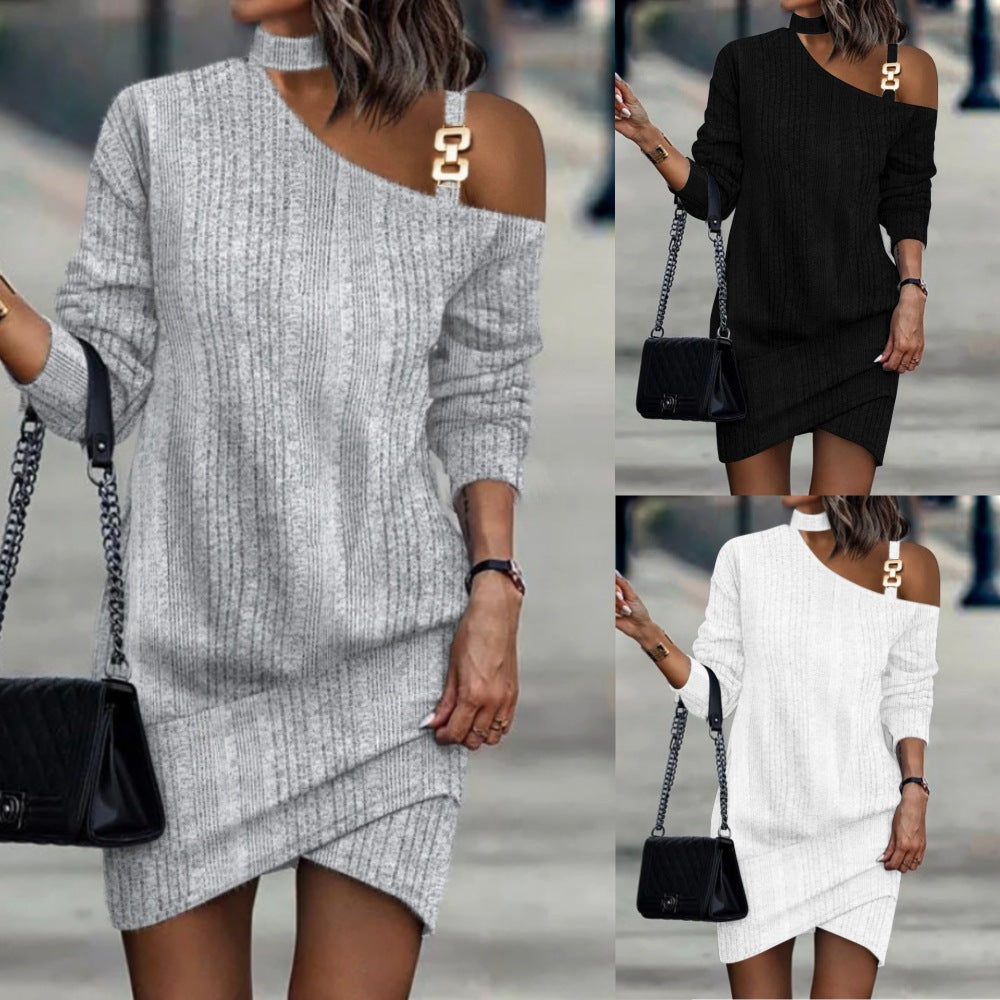 Elegant Long-Sleeved Chain Halter Neck Solid Button Dress – Autumn/Winter Women’s Fashion