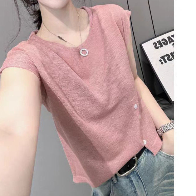 Summer Women's Knitted Short Sleeve Sweater - Loose Fit, Irregular Hem, Chic Round Neck Top