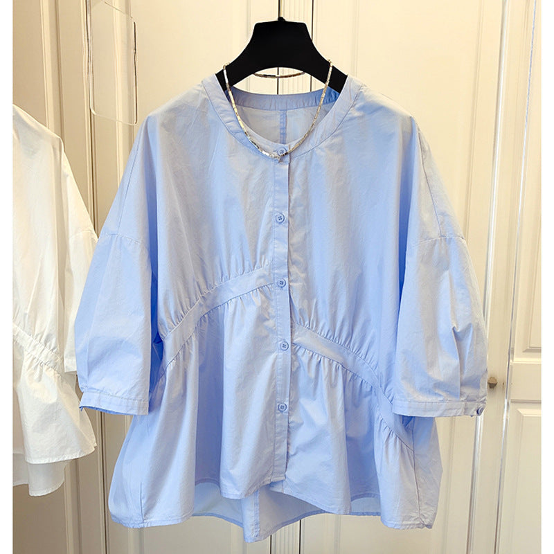 Spring & Autumn Niche Loose Asymmetrical Pleated Patchwork Babydoll Shirt