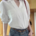 Women's White V-Neck Short-Sleeved Shirt - Summer Niche Design with Lapel Collar