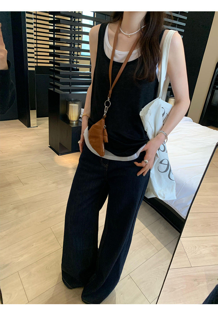 Women's Splicing Fake Two-Piece Sleeveless Sports Vest - Loose Fit Summer Slim Top