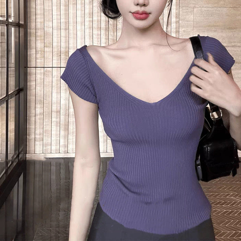 Pure Desire Style V-Neck Short-Sleeved Knitted T-Shirt - Effortless Chic, Everyday Comfort
