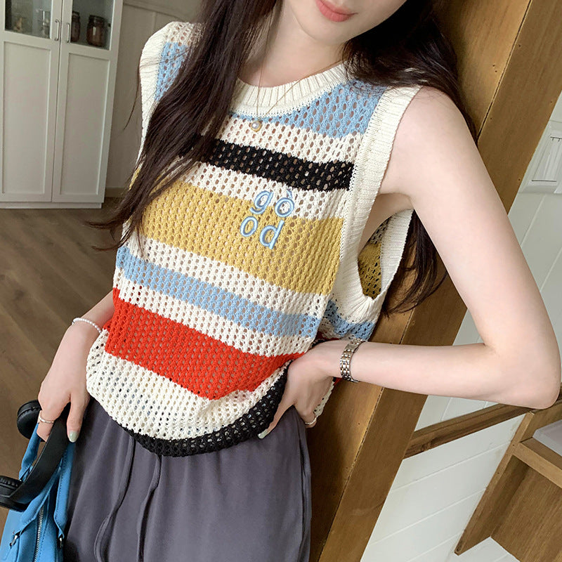 Women's Fashion Dopamine Loose Hollow Striped Knitted Vest - Summer Sleeveless Outerwear