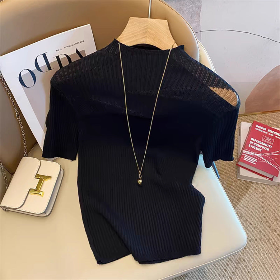 Summer New Style Temperament Half Turtleneck Hollow Mesh Striped Short-Sleeved Top for Women