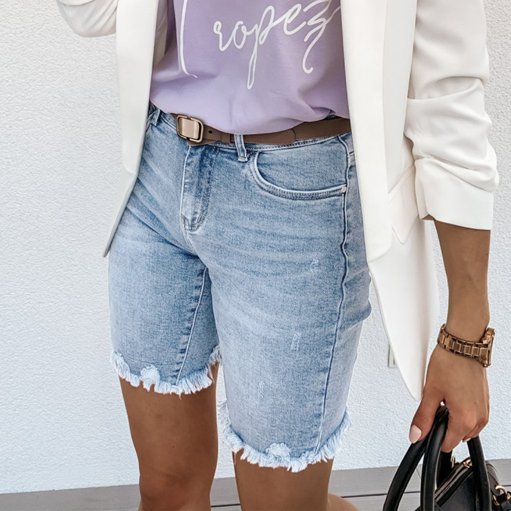 Women's Distressed Denim Shorts with Raw Edge & Tassel Hem - Trendy High-Waist Hole Jeans