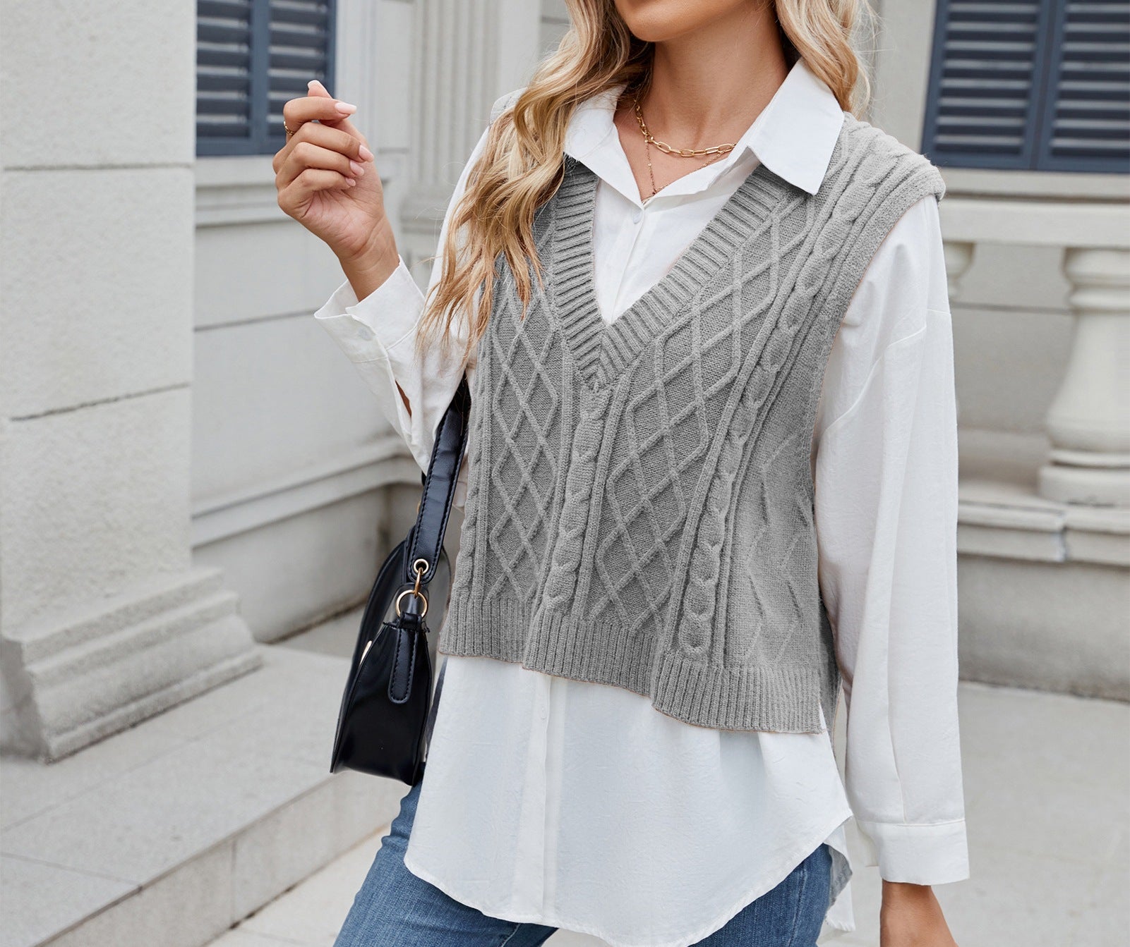 Women's Loose V-Neck Open Front Vest Coat Knit Sweater