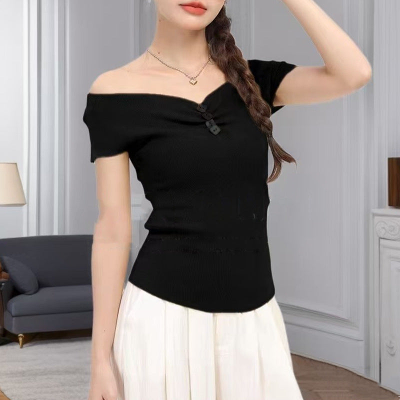 Sweet One-Shoulder Knitted Sweater - Slimming & Lightweight Off-Shoulder Short Top for Women