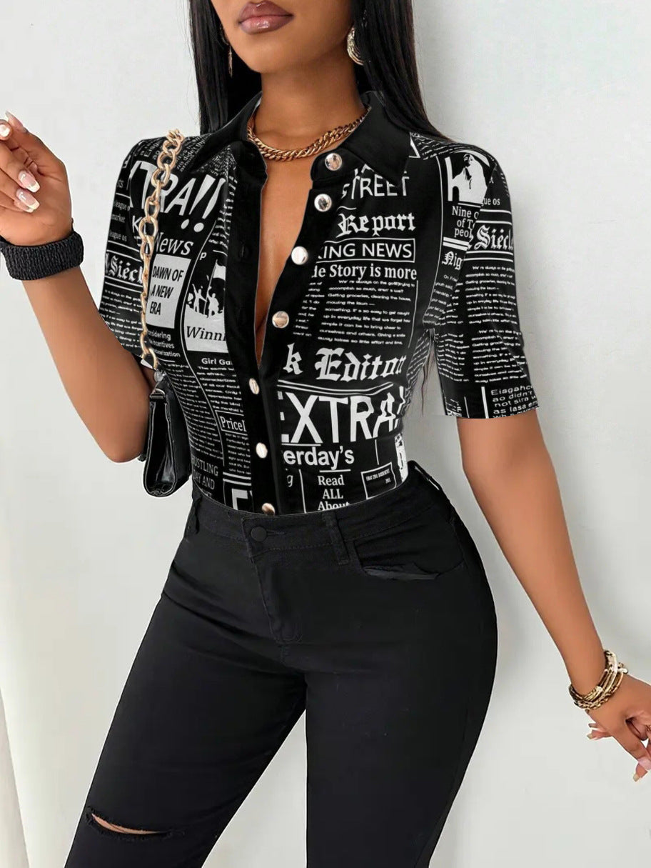 Women's Summer Fashion Newspaper Print V-Neck Shirt - Single-Breasted