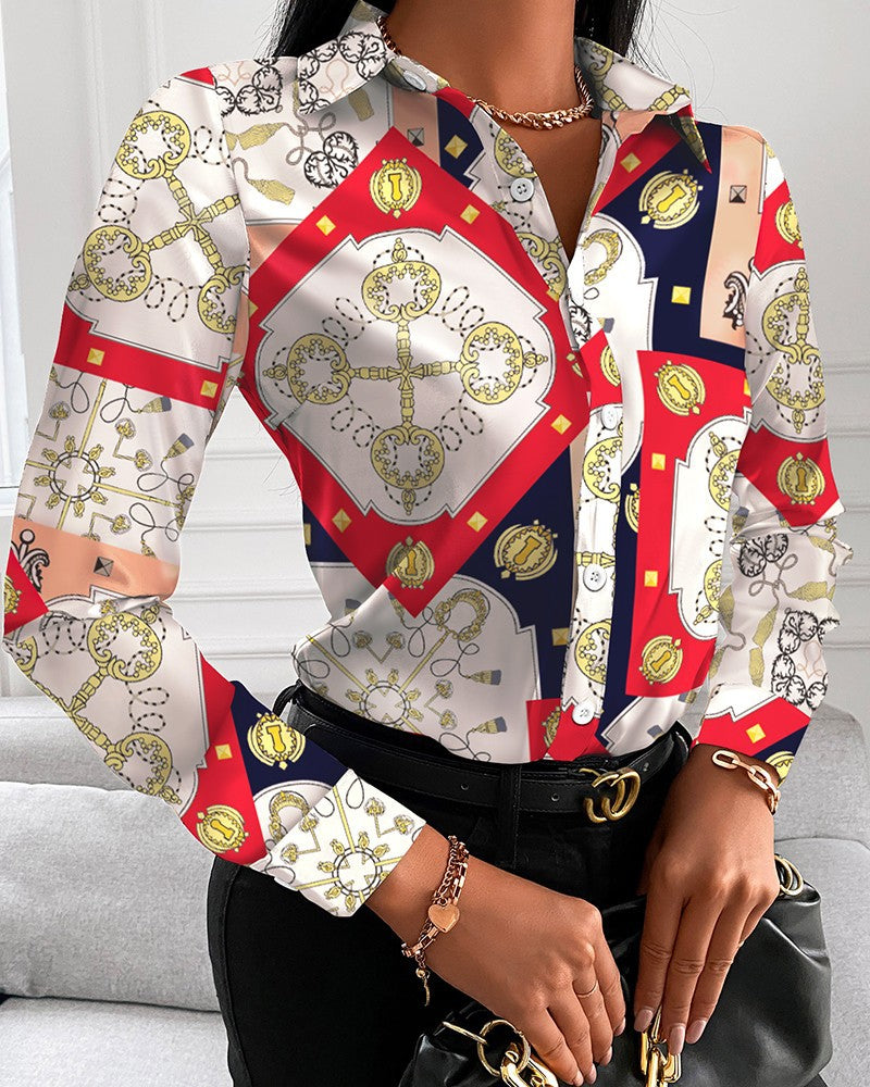 Women's Autumn Printed V-Neck Shirt - Loose Fit Long Sleeve Button-Down Blouse