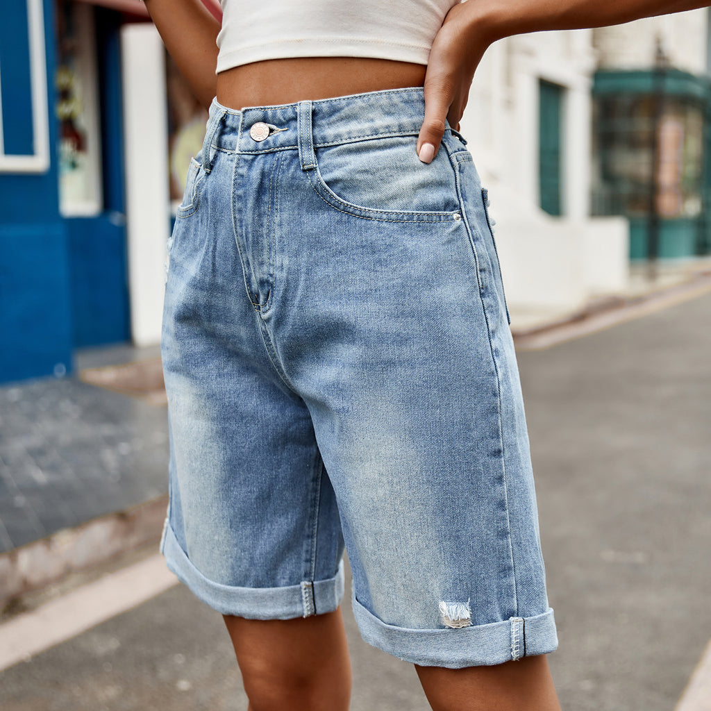 Women's Distressed Hem 5-Point Denim Shorts - Casual Summer Ripped Jean Shorts, Trendy High-Waist Style