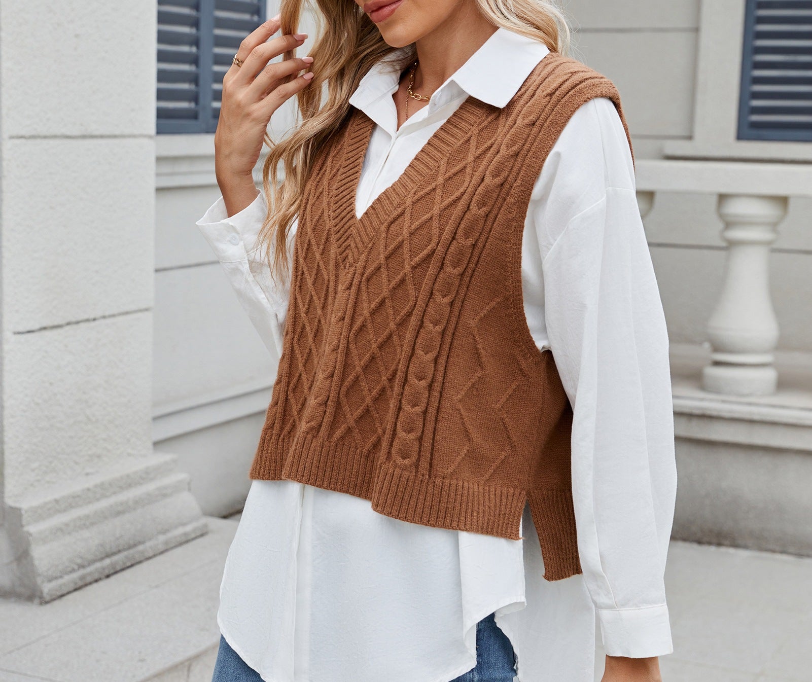Women's Loose V-Neck Open Front Vest Coat Knit Sweater