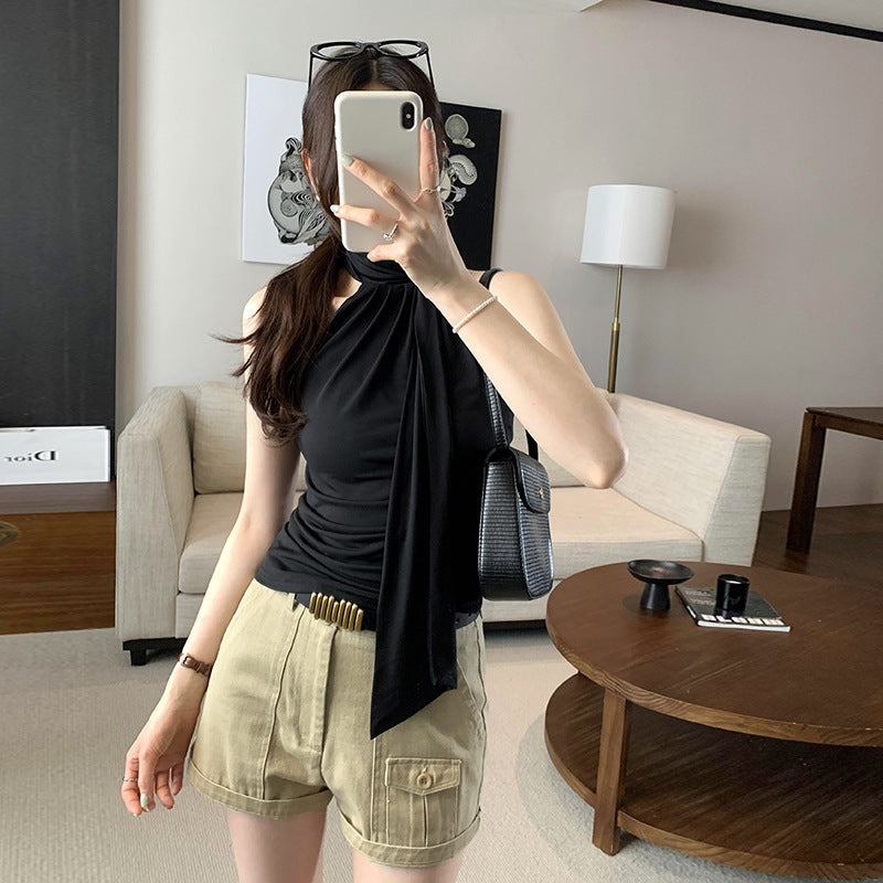 Summer Off-Shoulder Elastic Sleeveless Halter Neck Lace-Up Top - Slim Fit Feminine T-Shirt