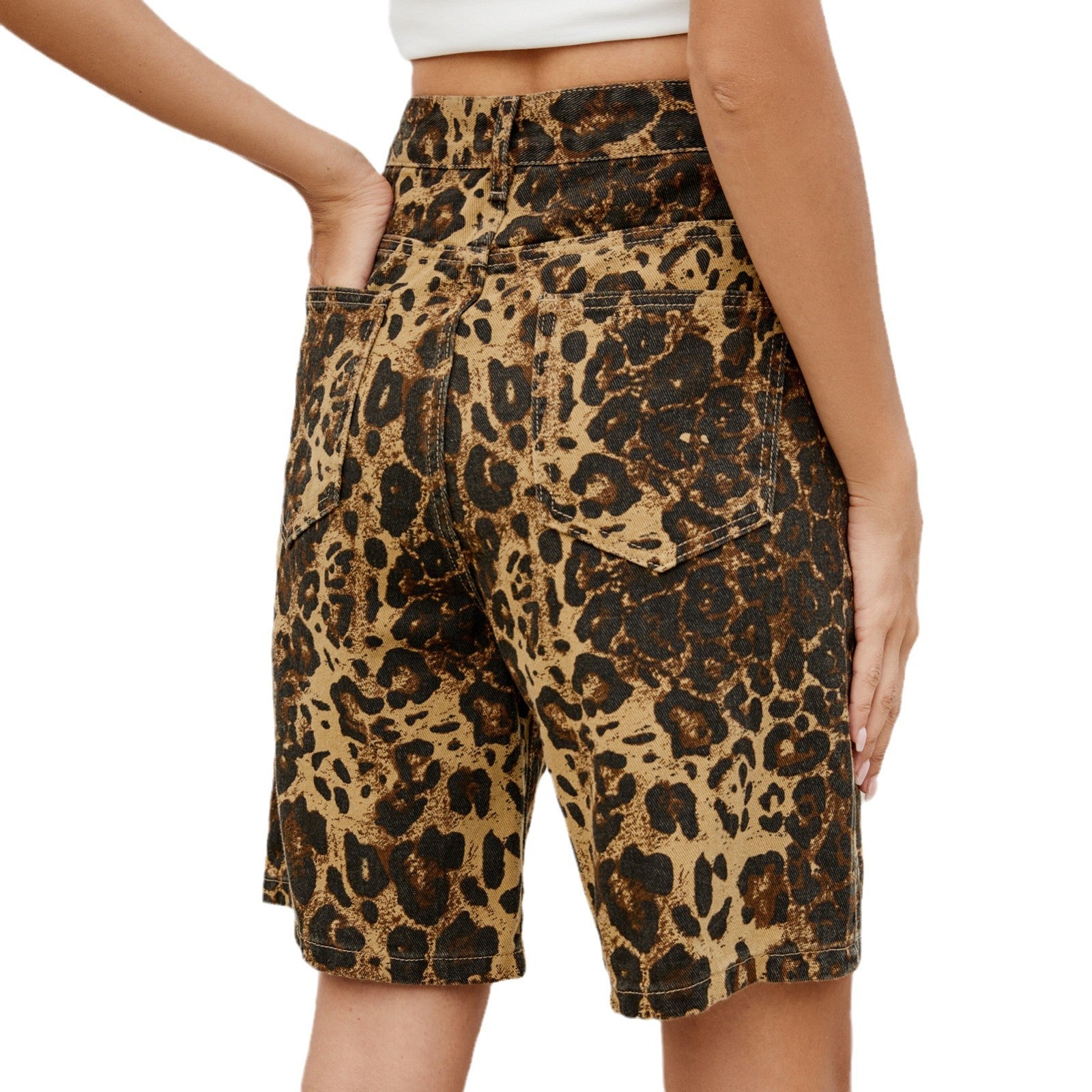 Summer New Washed Casual Retro Leopard Print Slim Denim Shorts for Women
